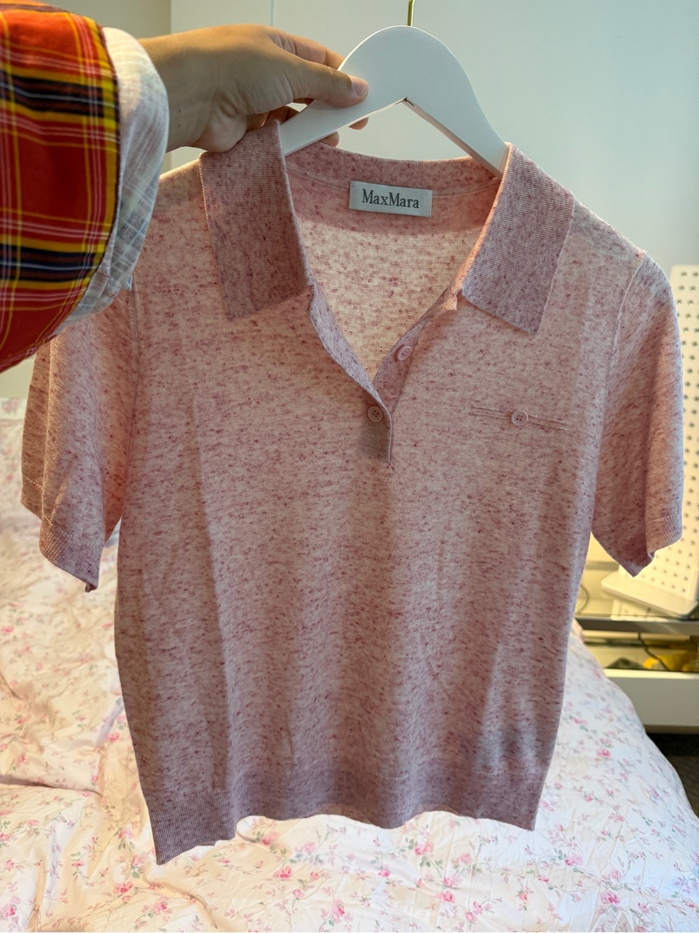 MaxMara Soft Heathered Pink Short-Sleeve Polo Knit Top